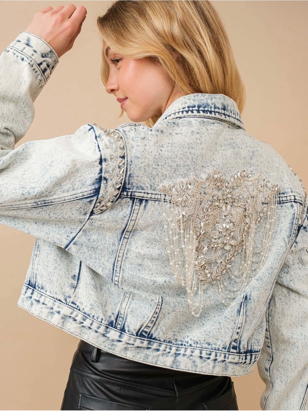 Embellished Acid-Wash Denim Jacket - Light Blue